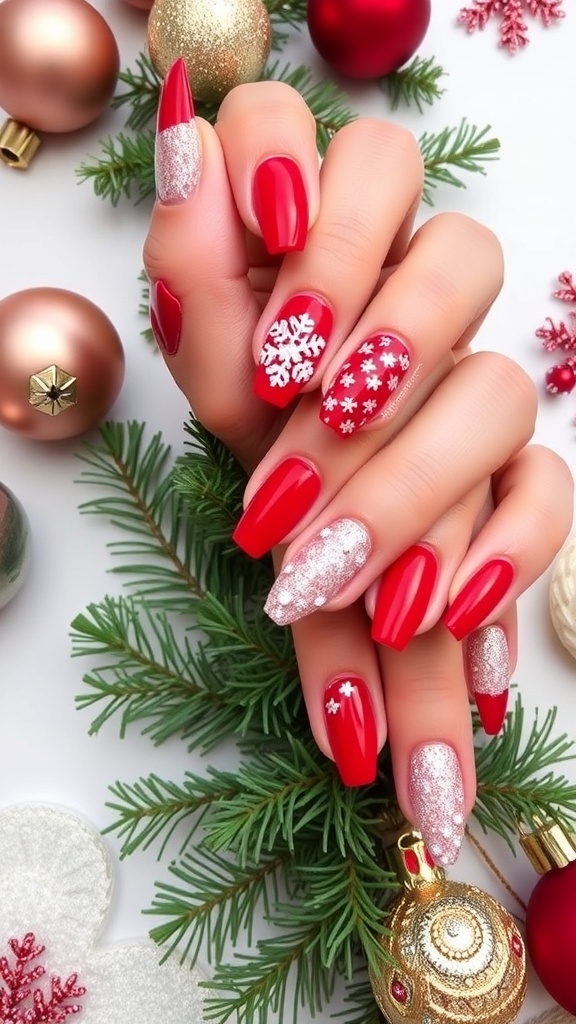 Elegant Red Christmas Nail Ideas A variety of red Christmas nail designs including glossy, glittery, and festive patterns, set against a holiday-themed background.